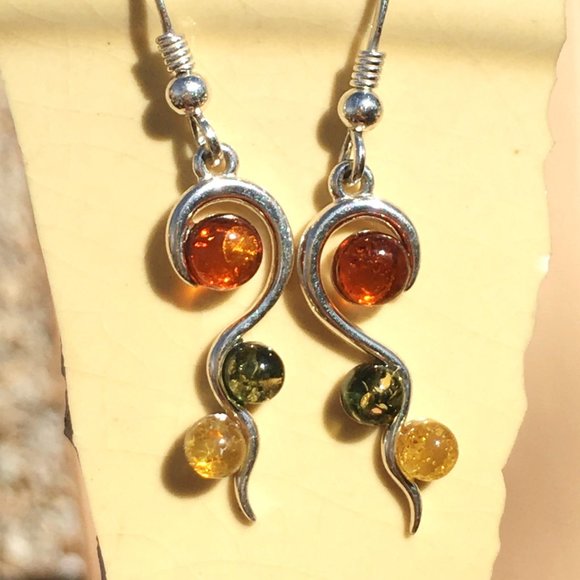 Genuine Baltic Amber Multicolor Earrings .925 Sterling Silver Swirl Design - Picture 9 of 13